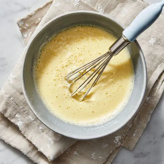 A gray bowl filled with a light yellow creamy batter with tiny bubbles on the surface, showing a soft and smooth texture. Two silver beaters from a light blue hand mixer rest inside the batter, angled to the right. The bowl sits on a beige cloth with white cross patterns, all placed on a white marbled surface. The image is bright, with soft natural light highlighting the batter's texture and the bowl's edges. photo taken with an iphone --ar 4:5 --v 7