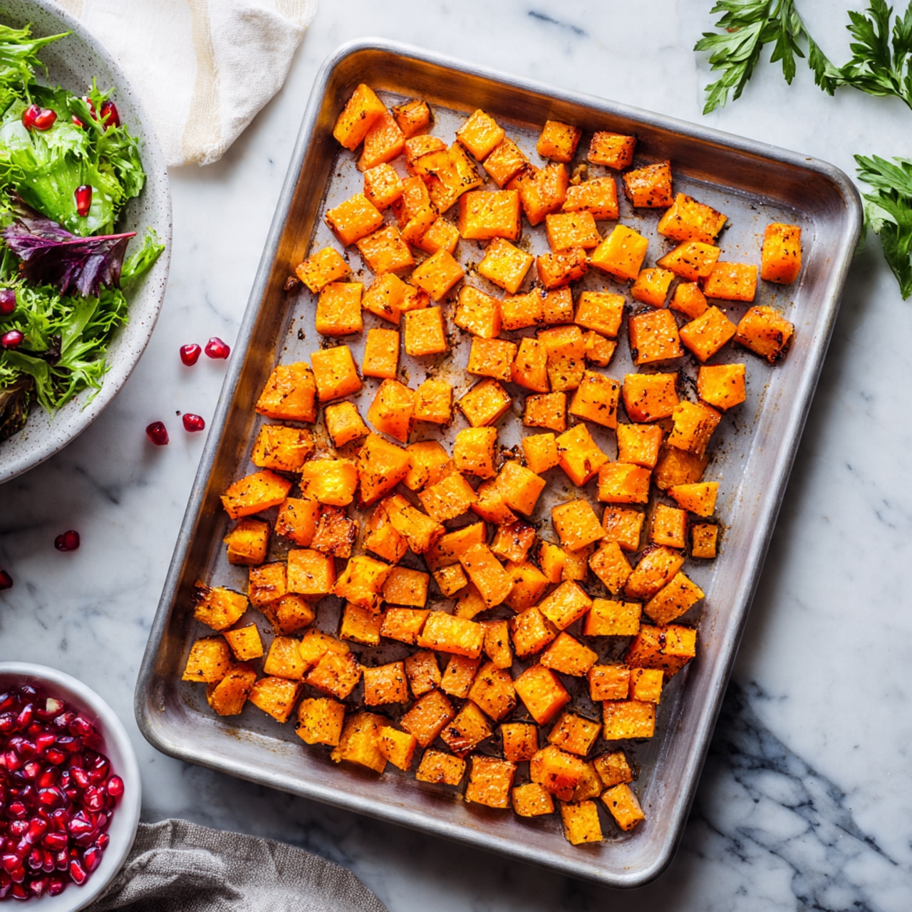 A baking tray filled with evenly spread small bright orange cubes of roasted butternut squash, showing slight browning and a soft texture on their edges. The tray sits on a white marbled surface and is partially visible with some scattered few leaves around it. At the edge of the image, there is a white bowl containing red pomegranate seeds, and to the top left corner, a white bowl filled with mixed green and purple leafy salad is partly shown. The light creates soft shadows from the cubes, giving a warm and fresh look. Photo taken with an iphone --ar 4:5 --v 7