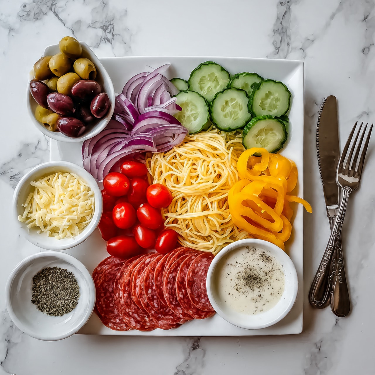 A large white oval plate holds a layer of cooked spaghetti as the base, topped with six separate piles of ingredients arranged in rows. Starting from the left, there are green cucumber pieces with their shiny skin, next to a pile of black olive slices that have a smooth matte texture. In the center, bright red cherry tomatoes are halved, showing their juicy inside. To the right of the tomatoes, pale pink slices of salami are folded loosely, adding a slightly textured look. On the far right, finely diced light green bell peppers and finely chopped purple onions sit side by side, adding a colorful contrast. Around the plate on the white marbled surface are small white square bowls holding grated cheese, ground black pepper, salt, and a light orange dressing. Two silver serving spoons with blue handles rest at the lower edge of the plate. Photo taken with an iphone --ar 4:5 --v 7