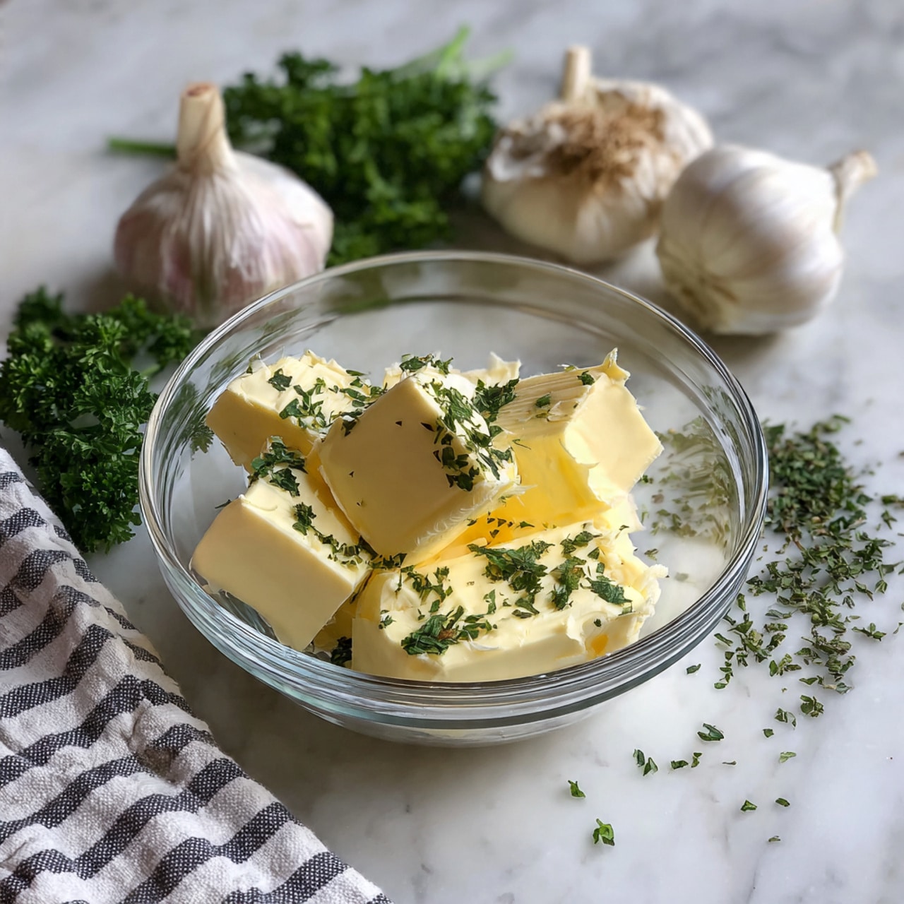 A clear glass bowl is in the center on a white marbled surface, holding five thick yellow butter pieces topped with finely chopped fresh green herbs. To the top right of this bowl, there is a small white bowl with more chopped herbs and a small wooden spoon inside it. Above that, a small wooden bowl contains a white granular substance, likely salt. On the top left of the scene, three whole garlic bulbs with white skins and brown bottoms are arranged next to a blue and white striped cloth napkin. At the lower right side, several fresh green parsley sprigs are spread out. The photo is taken with an iphone --ar 4:5 --v 7