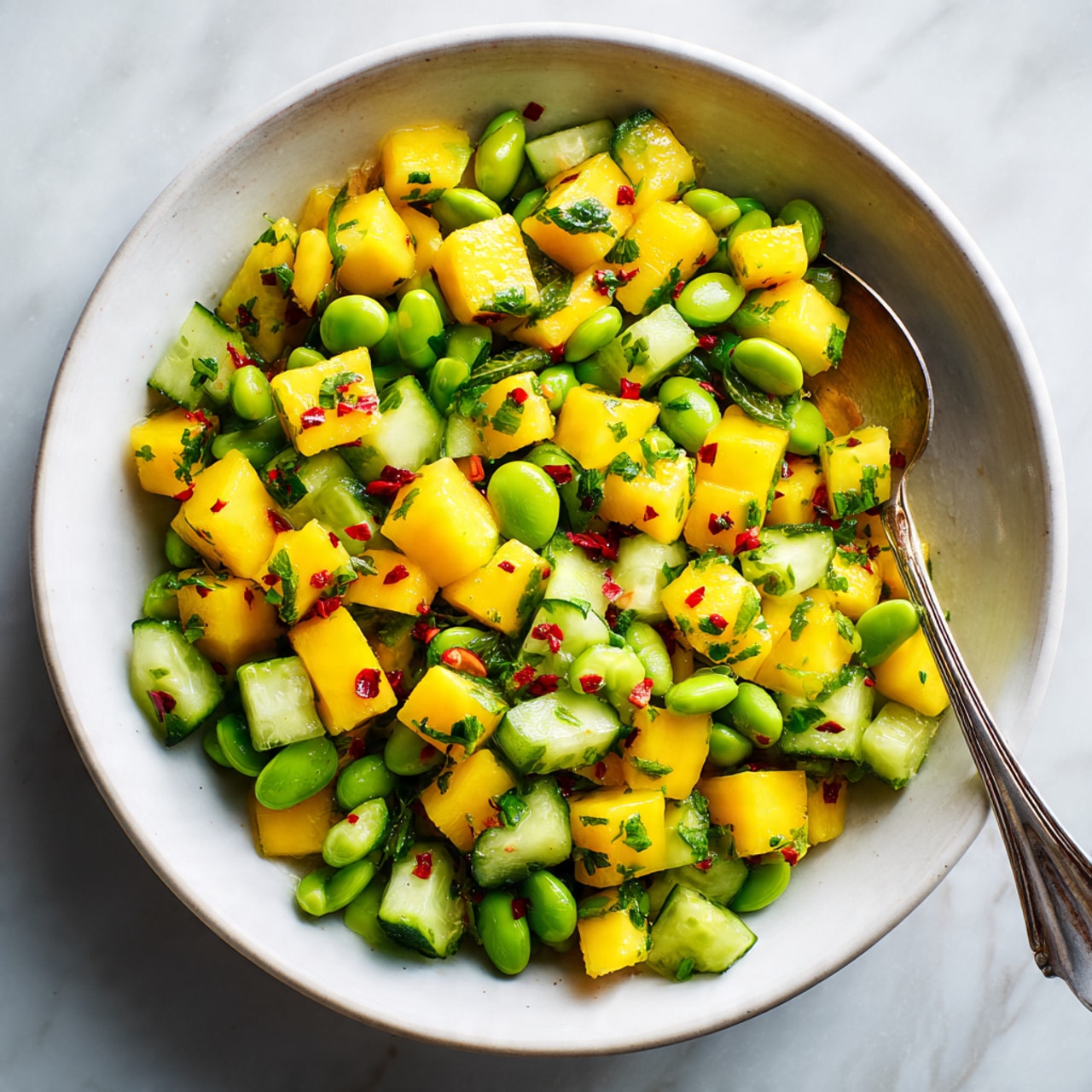 This image shows a close-up of a white bowl filled with a colorful salad made of three main layers mixed together: bright orange cubes of mango, fresh light green edamame beans, and dark green cucumber pieces cut into chunks with a textured skin. Small bits of green herbs and tiny red chili flakes are sprinkled throughout the salad, adding more color. A silver spoon is partly buried in the salad inside the bowl, its handle resting on the side. The bowl is placed on a white marbled surface. photo taken with an iphone --ar 4:5 --v 7