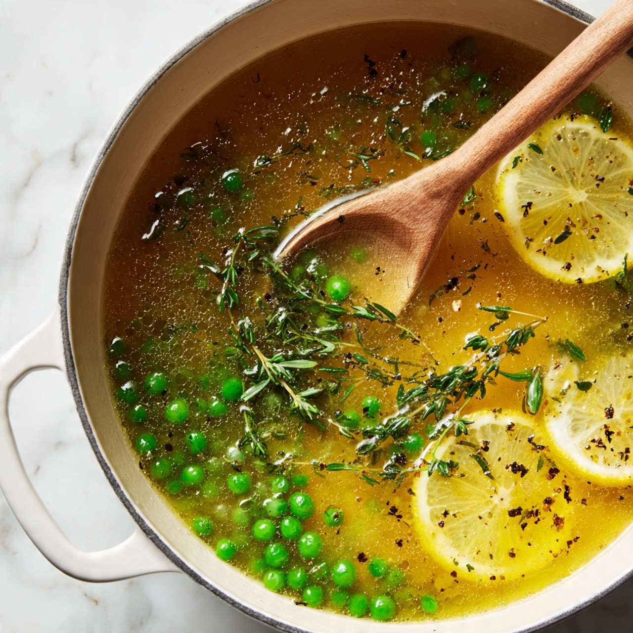 A close-up of a white pot with green peas in a light yellow, slightly foamy broth mixed with chopped green herbs scattered on top, a silver spoon resting inside the pot holding some peas and herbs, the pot is set on a white marbled surface with a cut lemon, garlic bulbs, and a jar of olives partially visible around it, the light is bright and natural, highlighting the fresh ingredients photo taken with an iphone --ar 4:5 --v 7