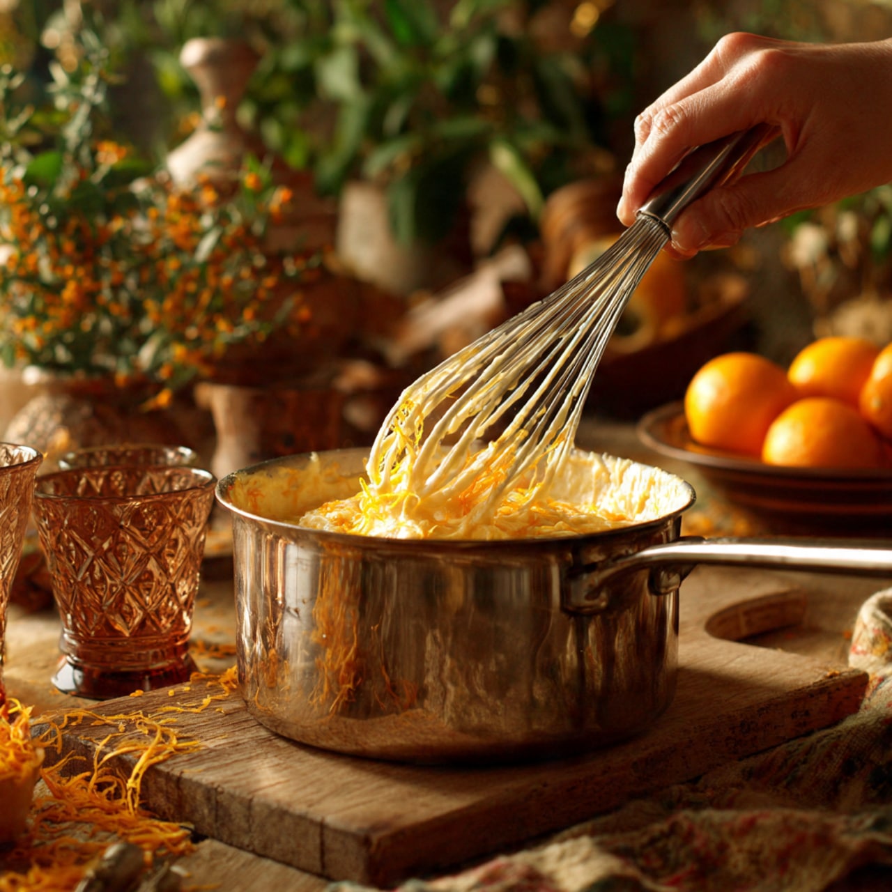 A woman's hand is using a whisk inside a metal pot with a bronze handle, mixing a creamy white sauce that has small bright orange zest and white granules on top. The pot is placed on a dark wooden board, which rests on a white marbled surface. Next to the pot, there is a small white bowl with a yellow liquid and a whole orange fruit. In the background, two clear ribbed glass cups are visible. Sunlight casts soft shadows across the scene. Photo taken with an iphone --ar 4:5 --v 7