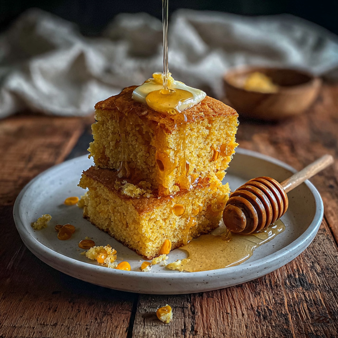 A white round plate holds a single square piece of golden brown cornbread with a crispy top layer. On top, there is a small square of melting light yellow butter. The cornbread is thick, showing a moist and crumbly texture inside with visible yellow corn pieces. Some golden crumbs and corn kernels are scattered around the plate. A silver spoon rests on the right side of the plate, scooping a portion of the cornbread. In the top left corner of the image, there is a small clear glass bowl filled with honey and a wooden honey dipper resting inside it. The food is arranged on a warm brown wooden surface with a beige knitted cloth near the bottom left corner. Photo taken with an iphone --ar 4:5 --v 7