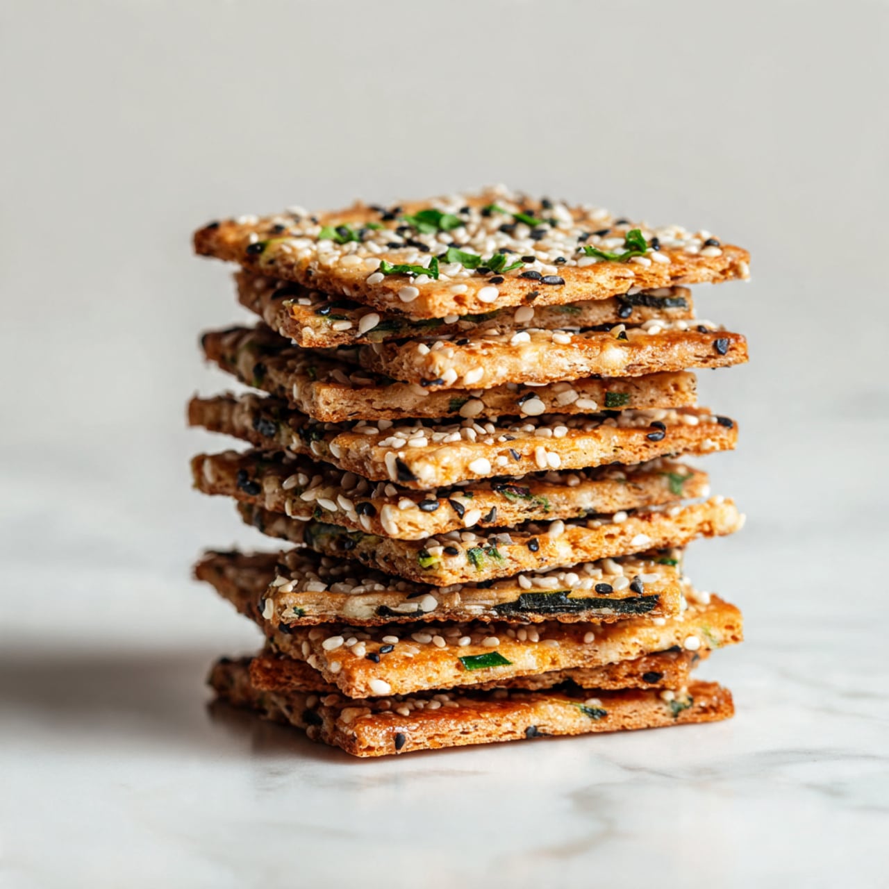 A close-up view of a stack of thin, square crackers with a golden brown, crispy texture on a white marbled surface. Each cracker layer shows a slightly bubbly, uneven surface with visible green herb flecks throughout, topped with scattered white sesame seeds. The crackers have a light, crisp edge with some parts puffed and browned, creating a multi-layered look. The stack is angled to show the layers clearly, emphasizing the crunchy texture. photo taken with an iphone --ar 4:5 --v 7