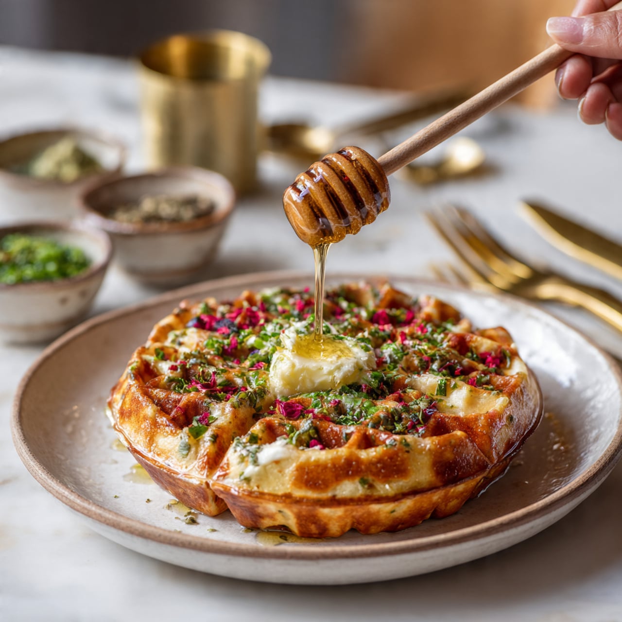 A golden brown waffle with visible crispy edges and a soft, textured surface sits centered on a white plate. It is topped with a small melting pat of pale yellow butter placed near the middle, scattered fresh green herb leaves, and sprinkled red flakes for color contrast. A wooden honey dipper held by a woman's hand is drizzling clear, sticky honey over the waffle, creating a glossy shine. The plate is set on a white marbled surface with a gold fork and knife on a striped cloth to the left, and small white bowls containing green herbs and red flakes in the background. photo taken with an iphone --ar 4:5 --v 7