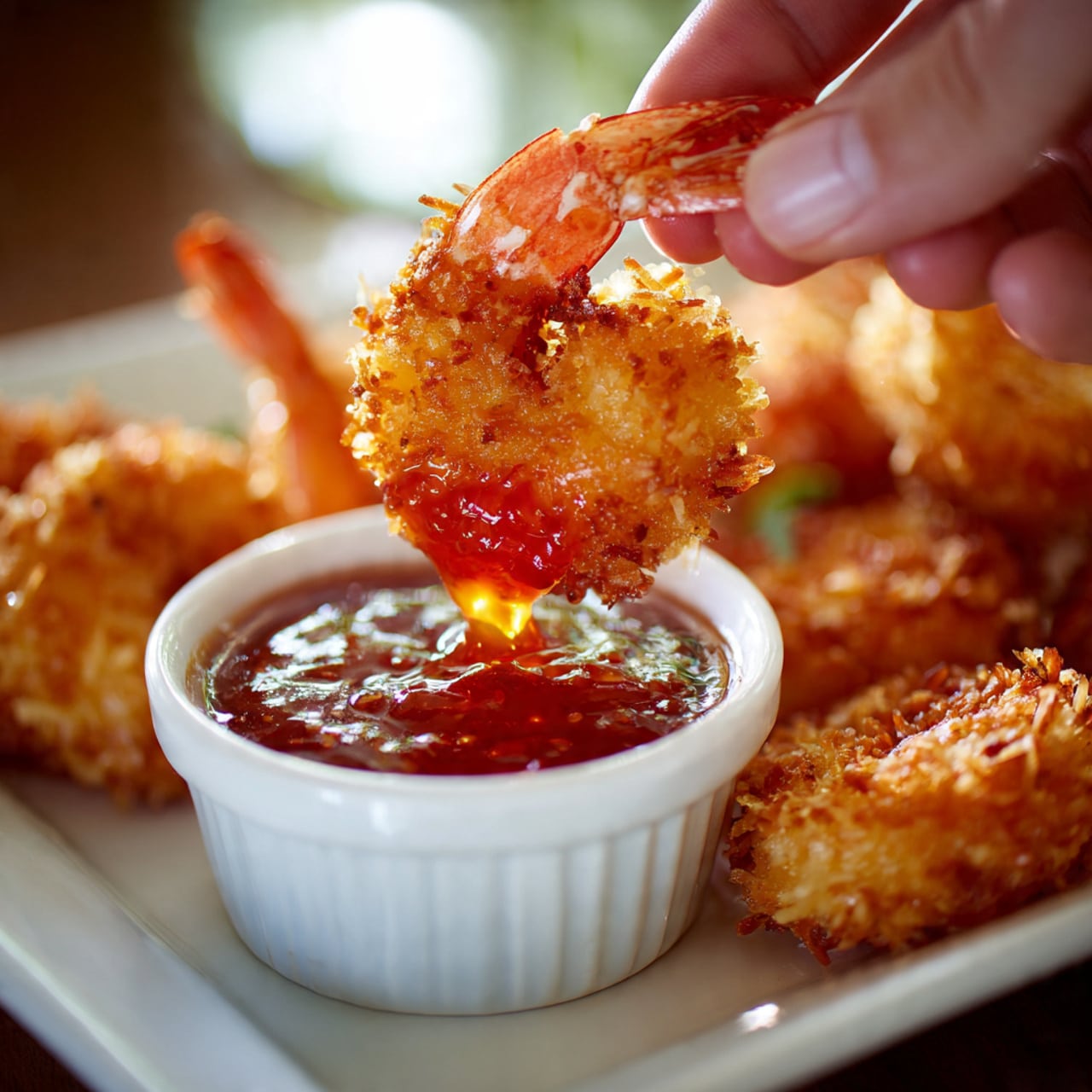 A woman's hand is holding a golden-brown fried shrimp with a crispy textured coating. The shrimp is dripping with a glossy, reddish-orange dipping sauce, which is held in a smooth, round brown bowl placed on a white marbled surface. In the background, more fried shrimp are faintly visible, resting on a white tray. The overall scene is bright with soft natural light highlighting the textures of the shrimp and sauce. photo taken with an iphone --ar 4:5 --v 7