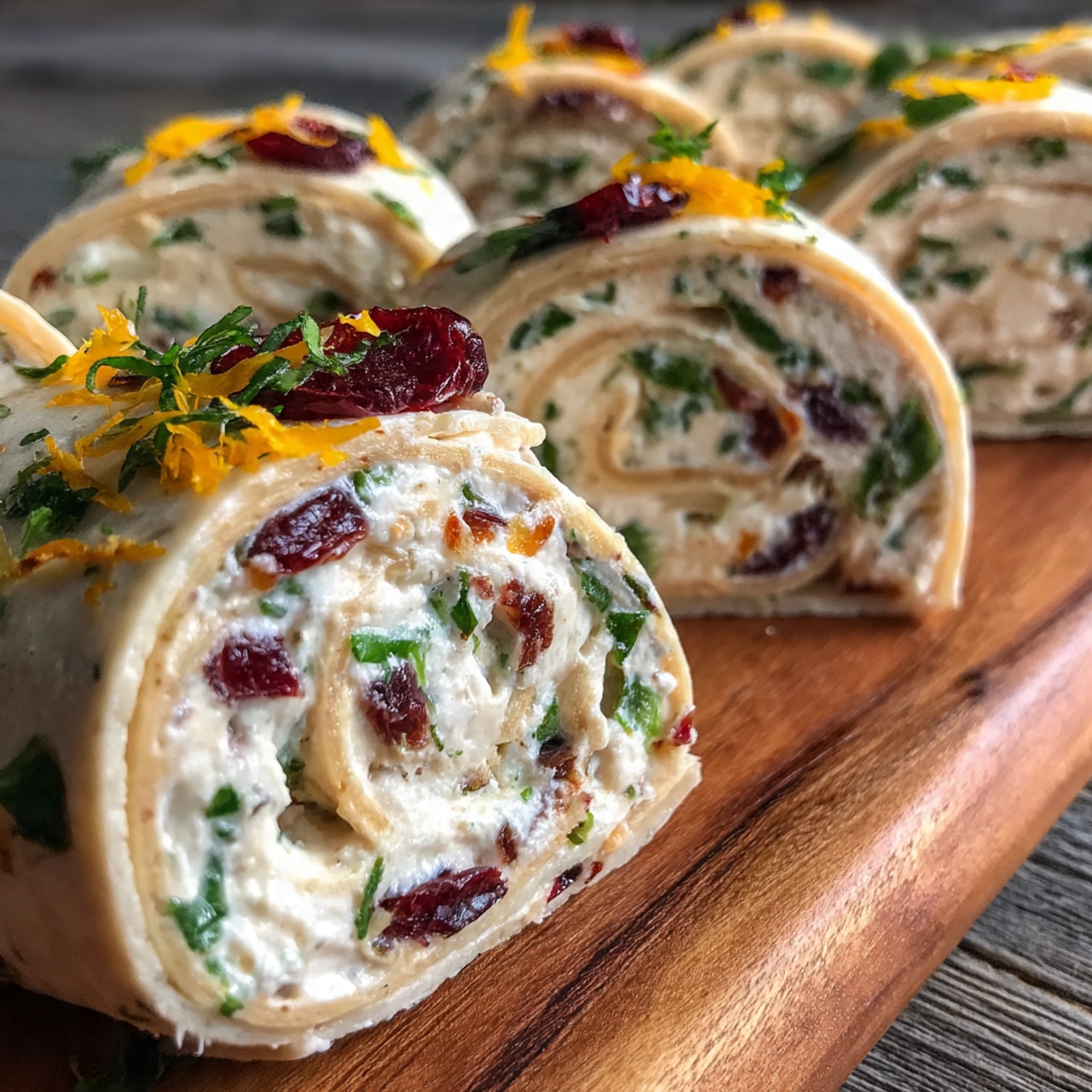 The image shows several rolled pinwheel sandwiches arranged closely on a white marbled surface. Each roll has three visible layers: a light beige tortilla wrap on the outside, a creamy white filling layer inside with finely chopped green herbs mixed in, and bright red dried cranberries scattered throughout the filling. Small bright yellow zest pieces are sprinkled on top of the rolls, adding a vibrant contrast. The rolls are cut evenly, showing a neat swirl pattern, and the texture of the wrap looks soft and slightly porous. photo taken with an iphone --ar 4:5 --v 7
