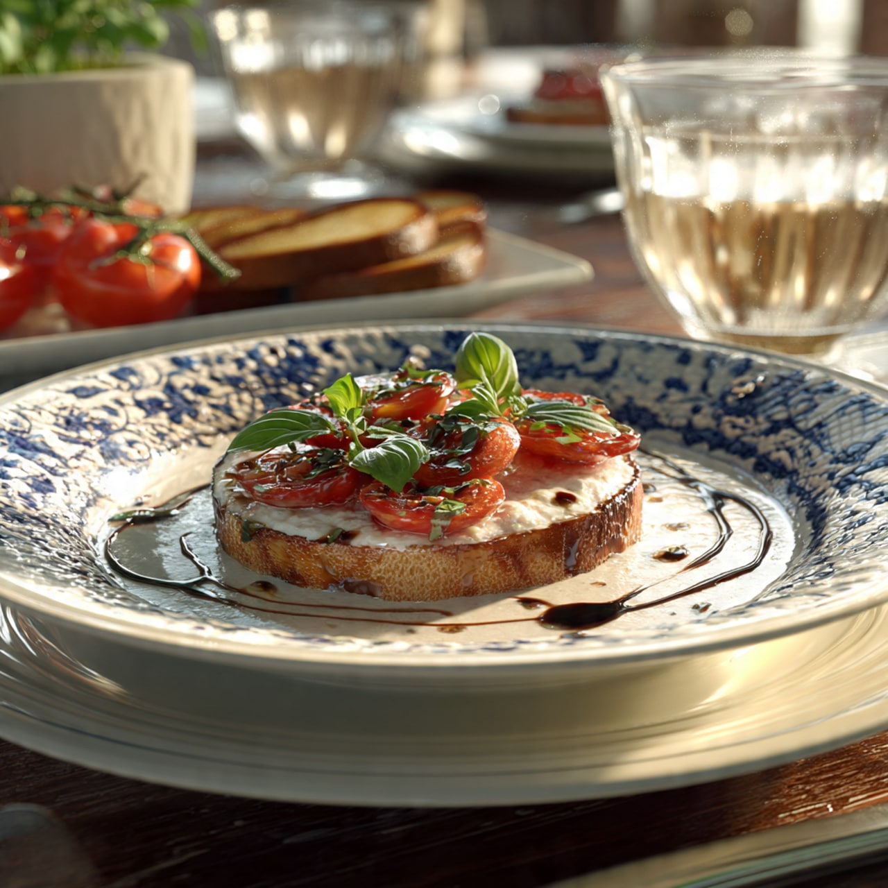 A white bowl with blue wave patterns filled with two layers: the bottom layer is creamy and white with a soft texture, the top layer is a chunky mixture of small red tomato pieces mixed with chopped green herbs and bits of black olives. Several whole fresh green basil leaves decorate the top. The bowl sits on a wooden surface with toasted bread slices around it, with red tomatoes on their vine and scattered basil leaves nearby. A clear glass of white drink is placed to the left of the bowl. Photo taken with an iphone --ar 4:5 --v 7
