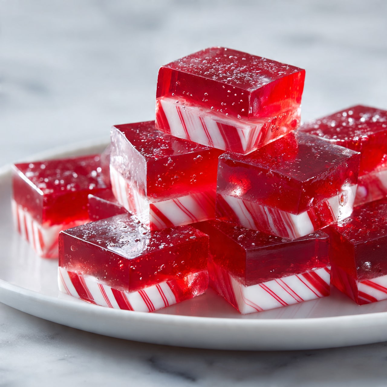 A white plate holds eight shiny, square jelly cubes stacked in random layers. Each cube has two clear layers: the top layer is bright red with a smooth, glossy texture, while the bottom layer is clear with small white and red striped pieces embedded inside. The jelly cubes catch the light, creating reflections and soft highlights. The plate sits on a white marbled surface. photo taken with an iphone --ar 4:5 --v 7