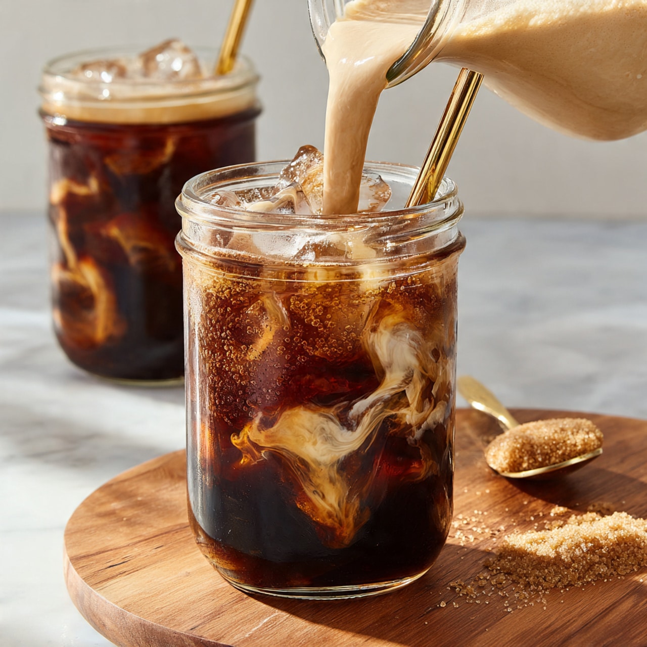 A clear glass jar filled with dark brown iced coffee at the bottom with large ice cubes inside, and a creamy light tan liquid being poured from above creating swirling patterns as it mixes with the coffee. The jar has a gold metal straw on the right side. The jar is placed on a round light wooden board on a white marbled surface. Behind it, there is a second glass jar with dark coffee and cream inside. In the front right corner, there is a gold spoon with some brown sugar in it, resting on the wooden board. Photo taken with an iphone --ar 4:5 --v 7
