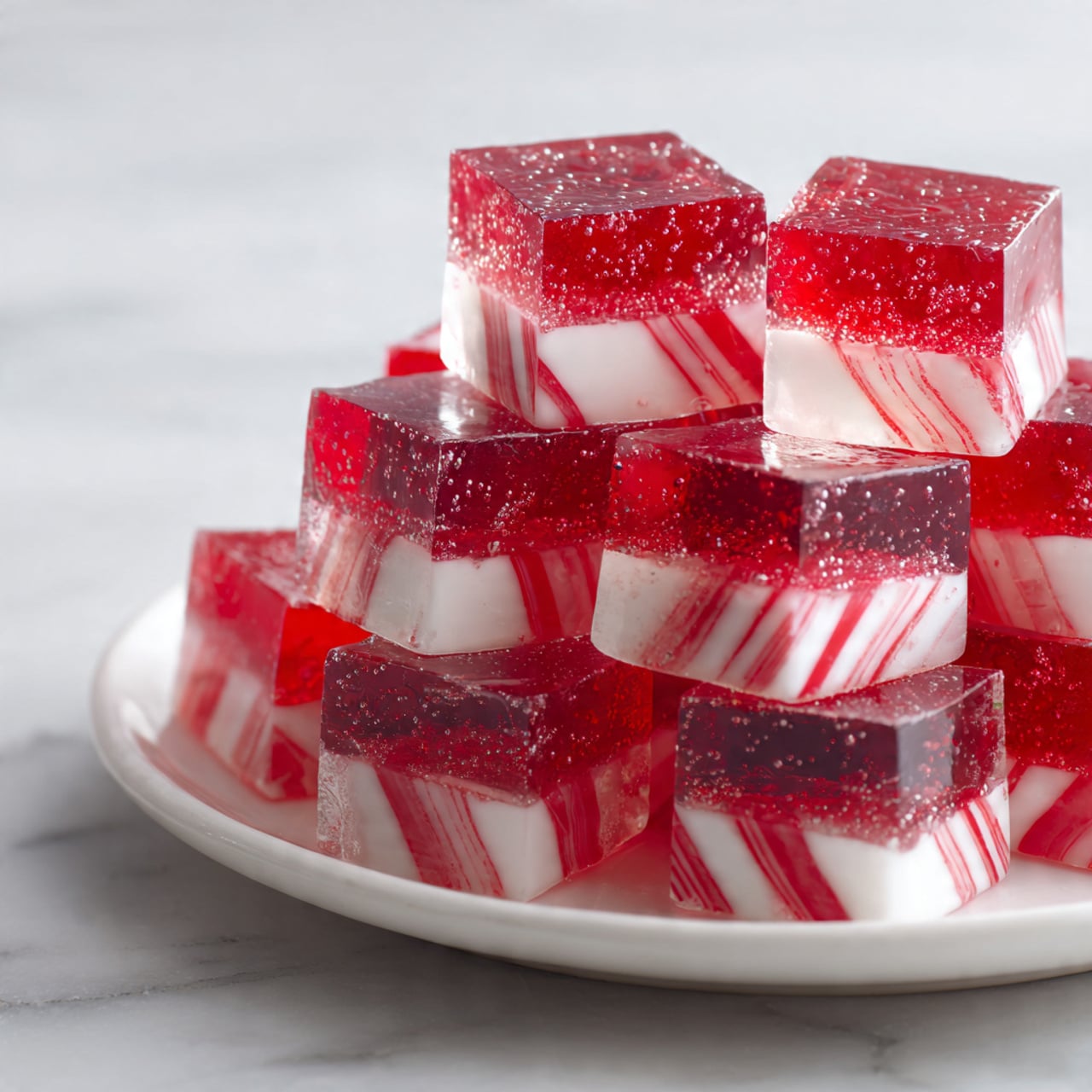 The image shows a pile of small square jelly cubes stacked on a white plate, placed on a white marbled surface. Each cube has two layers: the bottom layer is clear and filled with pieces of red and white striped peppermint candy, while the top layer is a deep, shiny red jelly. The cubes have a smooth and glossy texture with some small bubbles visible inside. Photo taken with an iphone --ar 4:5 --v 7