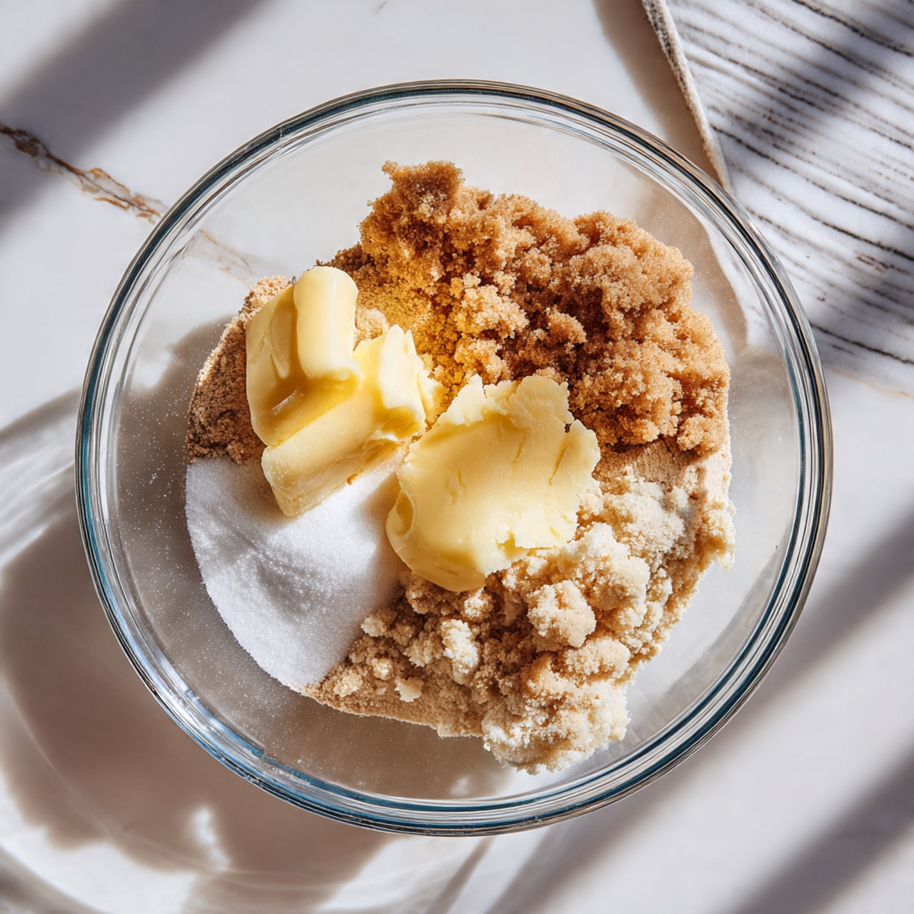 A clear glass bowl on a white marbled surface contains three layers of dry ingredients and one layer of butter. The bottom right layer is light brown with a crumbly texture, the bottom left layer next to it is white and fine, the top left layer contains melted butter shaped in two soft chunks sitting on a light brown crumbly base, and the top right layer is a mix of fine white and light brown crumbs blending together. Part of a striped white and black cloth is visible in the top right corner. Photo taken with an iphone --ar 4:5 --v 7