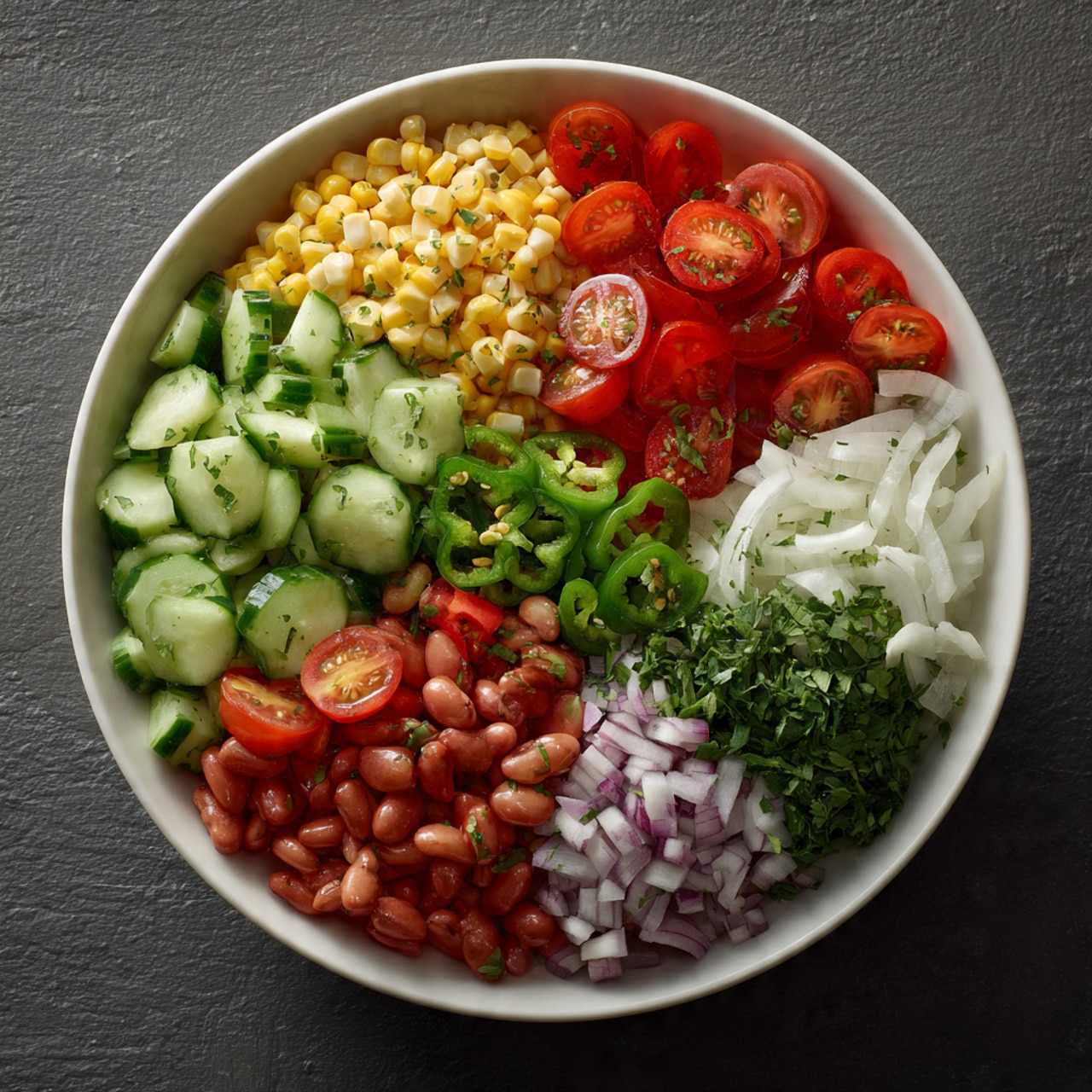 A white round bowl is filled with seven sections of fresh chopped vegetables arranged in a circle. Starting from the top going clockwise, there are small diced cucumbers with a light green and white color, bright red chopped tomatoes, bright yellow corn kernels, large white beans, finely chopped dark green leafy herbs, bright orange diced bell peppers next to small diced yellow bell peppers, and finely chopped purple onions placed in the center of the bowl. The bowl is placed on a white marbled surface. Photo taken with an iphone --ar 4:5 --v 7