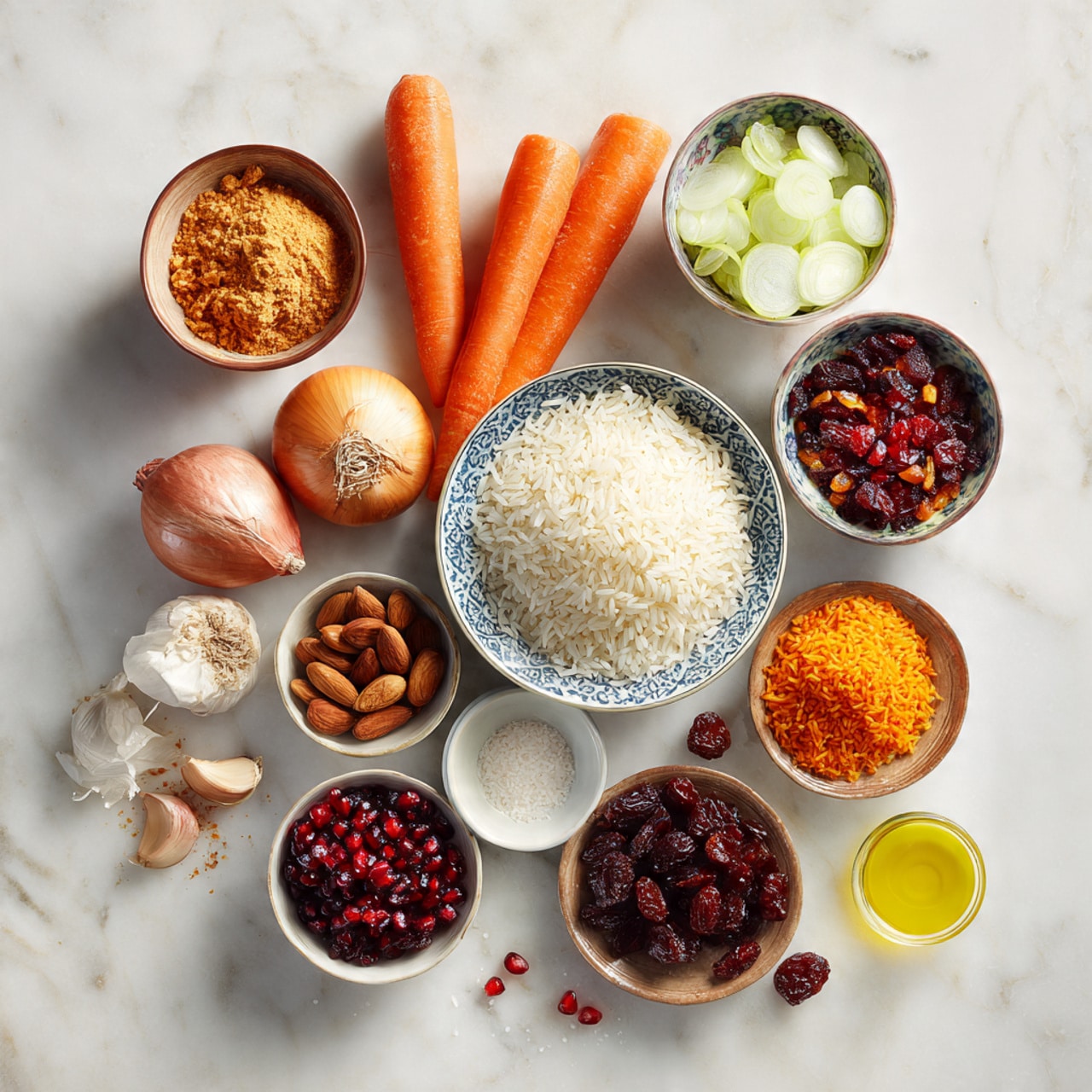 The image shows a top-down view of various cooking ingredients arranged neatly on a white marbled surface. There is one large white bowl filled with uncooked long-grain rice at the top left, a small clear glass container with golden yellow oil beside it, and a medium white bowl with green, brown, and white spices on the top right. Below the spices are a stick of cinnamon and a small white bowl filled with red and white pomegranate seeds. A medium white bowl in the center holds a mix of sliced white and purple onions. To its left, there is a clear bowl filled with sliced orange carrots and a small white bowl with chopped green onions below it. A metal scoop holds light brown slivered almonds in the bottom center-left, next to a small white bowl of greenish raisins. There is a small white bowl of thin yellow zest at the bottom right, and beside it is a small black and brown bowl holding four cloves of garlic in the middle right. A tiny clear bowl in the middle top contains red saffron strands. Photo taken with an iphone --ar 4:5 --v 7