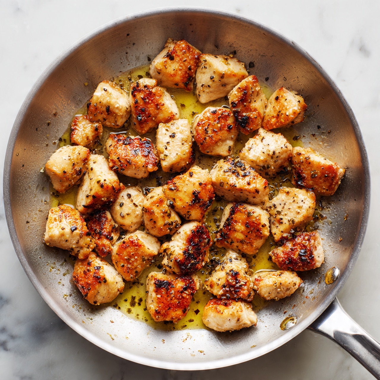 A large round silver frying pan holds small, bite-sized pieces of cooked chicken. The chicken pieces are light brown with some darker spots from cooking, scattered unevenly mostly on one side of the pan. The pan's surface shows some caramelized bits with a slightly shiny texture from oil. The pan rests on a white marbled surface with a white cloth featuring black stripes partly visible in the upper left corner. photo taken with an iphone --ar 4:5 --v 7