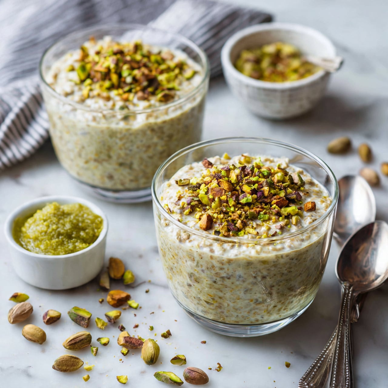 Two clear glass bowls filled with a thick creamy dessert that is light brown with visible small bits, topped with chopped green pistachios. The bowls sit on a white marbled surface, surrounded by scattered pistachio pieces. To the top left, there is a white bowl holding a golden mustard-colored sauce or paste, and near it, two old-looking silver spoons lie side by side. To the bottom right, there is a white bowl filled with more chopped pistachios. A white cloth with thin stripes is partially seen in the top-right corner. The overall look is bright and fresh with natural light. photo taken with an iphone --ar 4:5 --v 7
