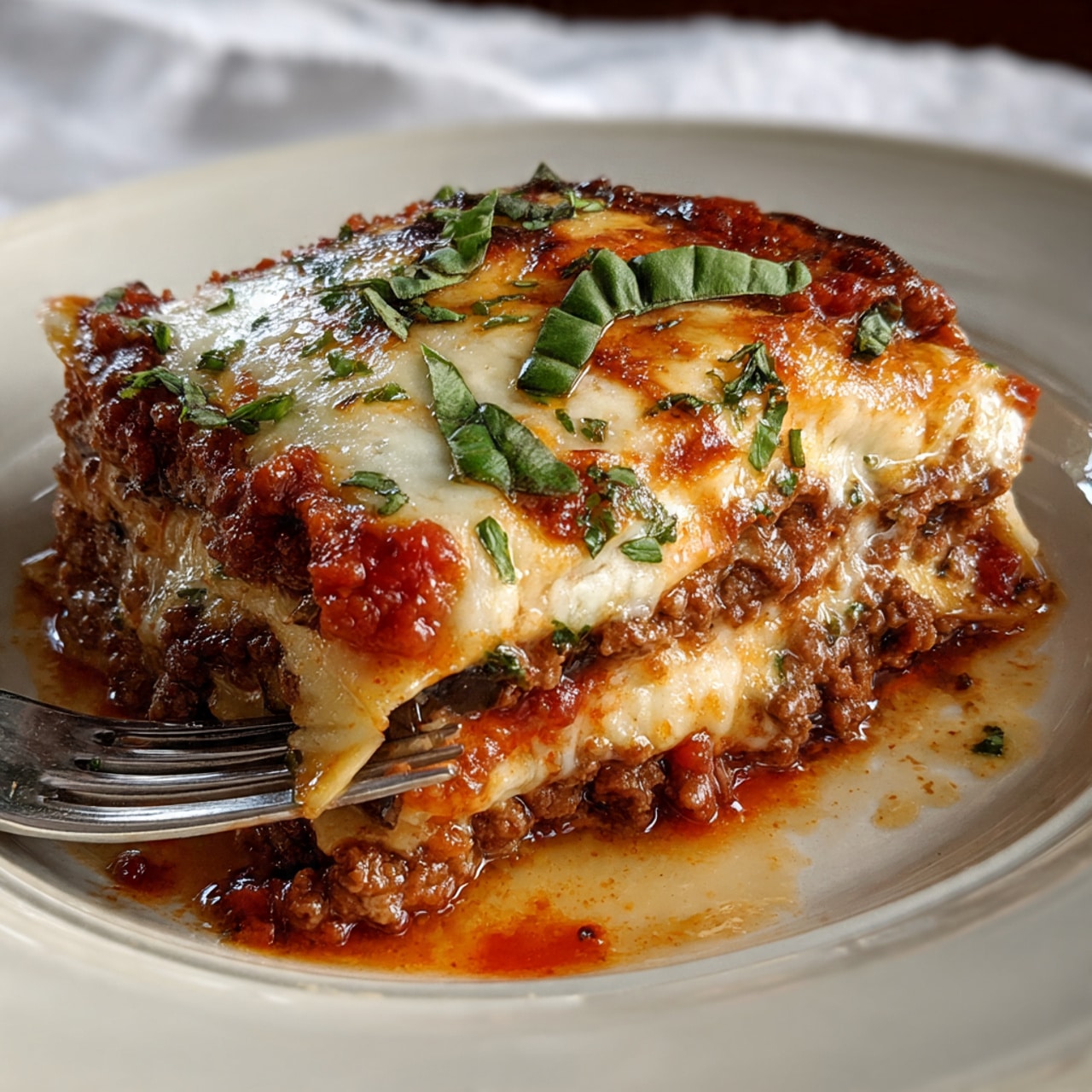 A thick square slice of layered eggplant dish sits on a white plate with a decorative edge, placed on another similar white plate. The dish shows many layers including deep purple eggplant slices, red tomato sauce with bits of meat, and creamy white cheese on top that looks melted and smooth, garnished with two fresh green basil leaves. The edges of the dish are slightly browned and crispy, and a silver fork is partly under the slice, lifting it slightly. The background has a white marbled surface and a blurred white ceramic container with brown spots in the upper right corner. Photo taken with an iphone --ar 4:5 --v 7
