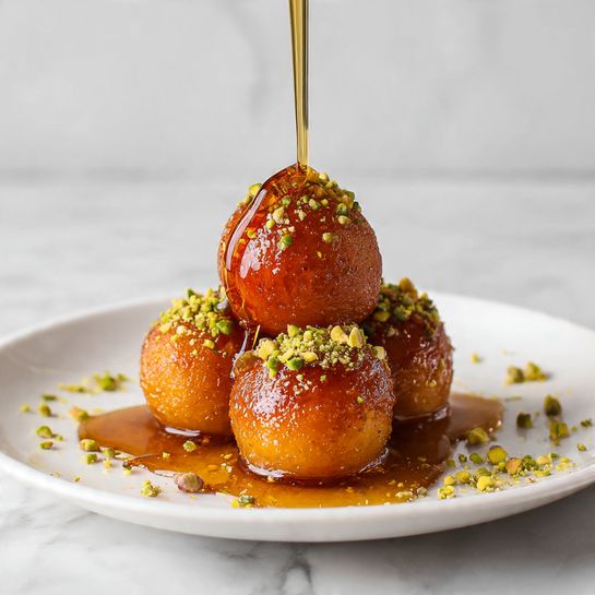 Three round, golden-brown syrup-soaked dessert balls sit close together on a white plate, each topped with bright green crushed pistachios and small purple flower petals. A sticky, dark amber syrup glistens over the tops and pools slightly around the base of the balls. A thin stream of syrup is being poured over the closest ball. The plate rests on a white marbled surface. photo taken with an iphone --ar 4:5 --v 7
