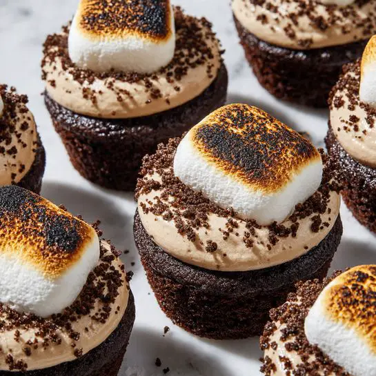 The image shows several round chocolate cupcakes arranged closely on a white marbled surface. Each cupcake has a dark brown base and a thick, smooth layer of light brown chocolate frosting on top, sprinkled with fine dark crumbs. On top of the frosting, there is a dollop of white cream, and each is topped with a large toasted marshmallow that is golden brown with some darker charred spots. The texture of the marshmallows looks soft and slightly melted on one side, with the cupcakes casting gentle shadows around them. photo taken with an iphone --ar 4:5 --v 7
