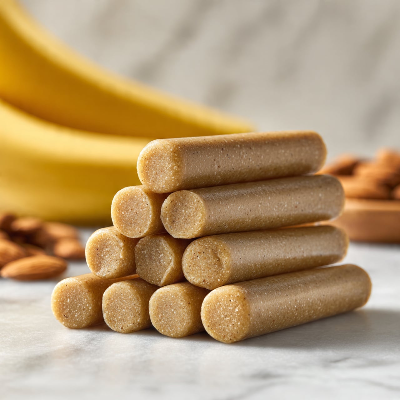 The image shows seven long, cylindrical brown-colored sticks stacked in two layers, with four sticks on the bottom and three on top, arranged neatly in a pyramid shape. The sticks have a smooth texture with tiny specks visible on their surface, giving a slightly grainy appearance. In the background, there are blurred bananas and some light brown almonds resting on a white marbled surface. The focus is sharp on the sticks, showing their rounded edges clearly. photo taken with an iphone --ar 4:5 --v 7