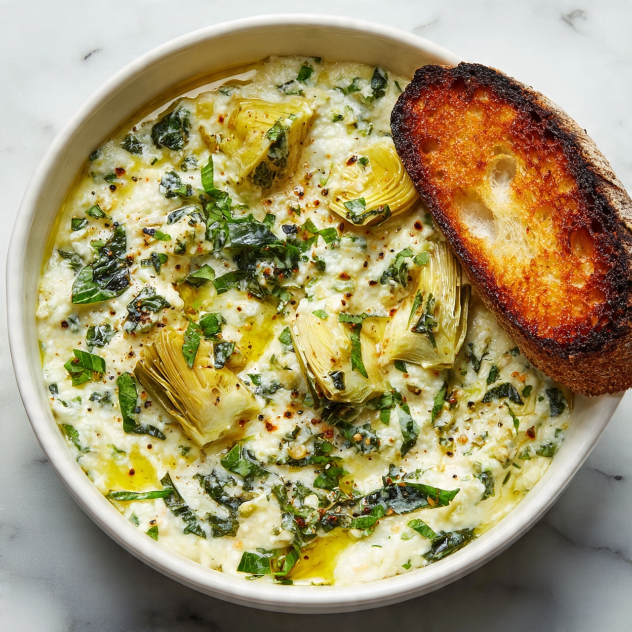 A white ceramic dish filled with a creamy, lightly browned dip that has a soft and slightly bubbly texture on top, sprinkled with small bits of green herbs and drizzled with olive oil. Three toasted golden-brown bread slices are partially dipped into the dip, standing on the edge of the dish. Some artichoke pieces are visible embedded in the creamy layer near the bread. The dish sits on a dark green cloth against a white marbled surface. Photo taken with an iphone --ar 4:5 --v 7