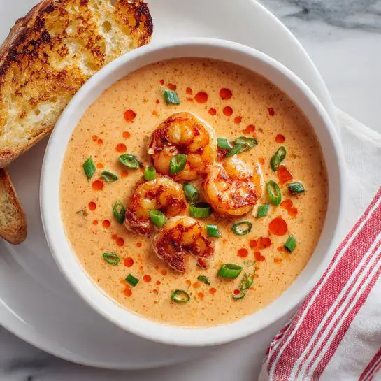 A white bowl filled with a smooth, light orange creamy soup forms the base layer. On top, there are several cooked shrimp with a bright orange and reddish-brown color, arranged in a small pile in the middle. Scattered green onion slices add small bright green pops of color around the shrimp. Tiny drops of an orange-red sauce are dotted across the soup surface around the shrimp. The bowl sits on a white marbled surface with a red and white striped cloth underneath. Nearby, a white plate holds two slices of toasted bread, browned on top, with visible holes in the crumb. Photo taken with an iphone --ar 4:5 --v 7