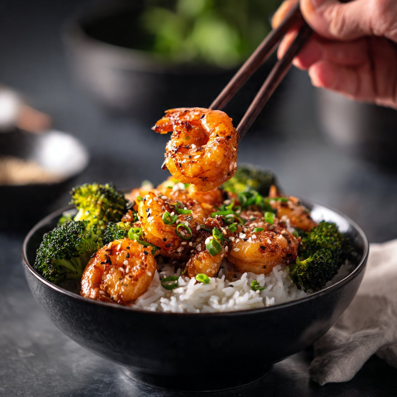 A black bowl is filled with a base layer of light brown rice, topped with bright green broccoli pieces and several pink shrimp sprinkled with black and white sesame seeds. On top, small green onion slices add a fresh touch. A pair of black chopsticks held by a woman's hand lifts one shrimp above the bowl. The background shows more bowls with the same dish blurred out, all on a white marbled surface. photo taken with an iphone --ar 4:5 --v 7