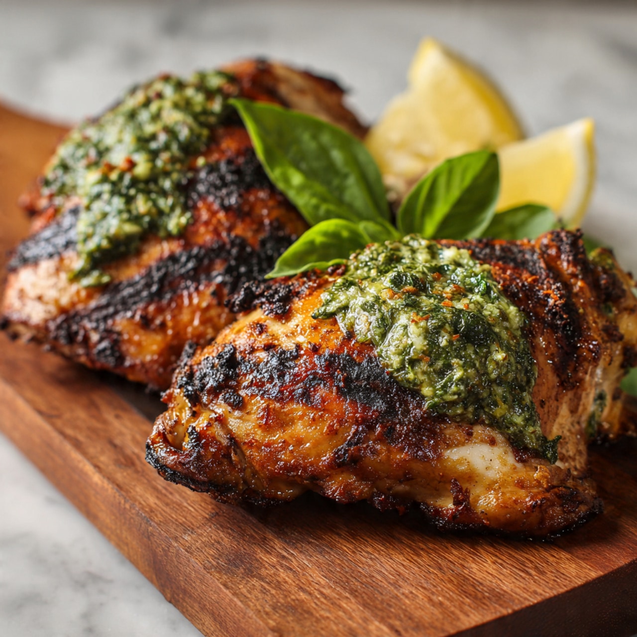 The image shows two grilled chicken pieces placed closely on a wooden board with a fresh green herb sauce spread unevenly on top, creating bright green patches. The chicken has dark brown and black grill marks all over, giving a rough texture and a slightly charred look. To the side of the chicken, there is a bright yellow lemon wedge with some red seasoning sprinkled on it. In the background, a small cluster of fresh, bright green basil leaves lies near the chicken, all set against a white marbled surface. photo taken with an iphone --ar 4:5 --v 7