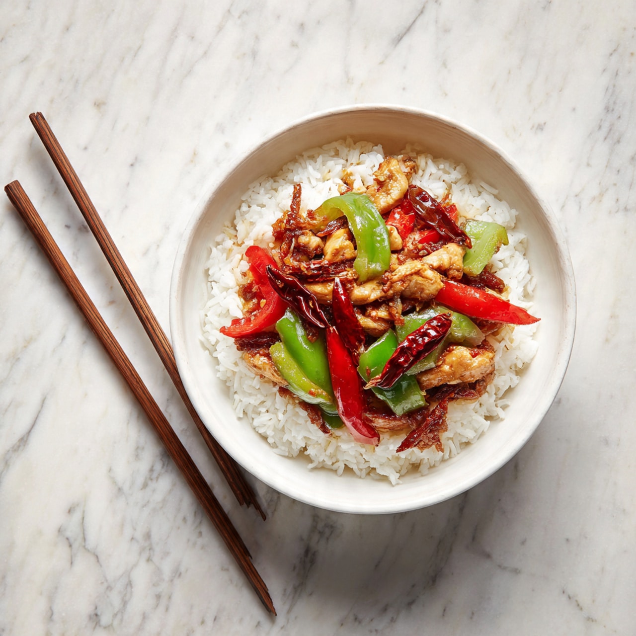 A bowl filled with a base layer of white rice with a soft, fluffy texture. On top, there is a layer of golden brown fried pieces coated in a shiny dark orange sauce, mixed with chunks of red and green bell peppers that add bright color contrast. There are also some whole red chili peppers nestled among the pieces. The bowl is white with a subtle cracked pattern and is placed on a white marbled surface, with a pair of brown chopsticks resting beside it. photo taken with an iphone --ar 4:5 --v 7