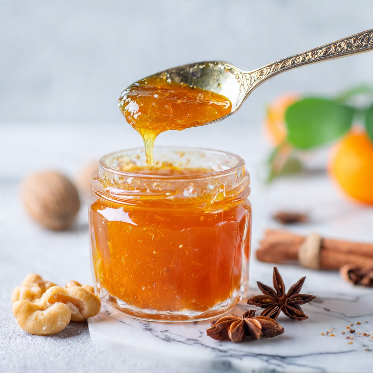 A small clear glass jar filled with bright orange thick puree, with a silver spoon lifting some of the puree from the jar, showing a smooth and slightly chunky texture. The jar sits on a white marbled surface with an orange fruit blurred in the background. In front of the jar on the surface, there are a dark brown star anise, a few cloves, and a cinnamon stick. The overall colors are warm and inviting, with a focus on the orange puree and the spice details, photo taken with an iphone --ar 4:5 --v 7