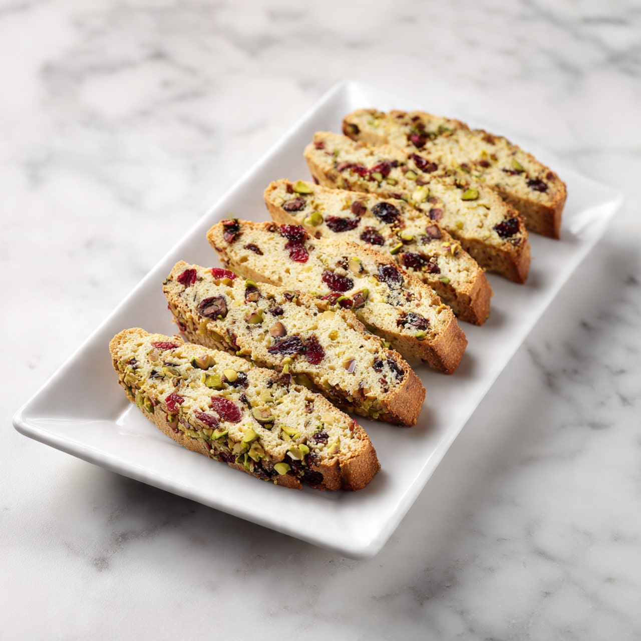 The image shows a clear glass cup filled with dark coffee topped with a thick, light brown foam layer. The coffee cup has a clear handle on the right and is placed on a light wood surface. Behind the cup, there is a white rectangular plate holding several biscotti arranged standing up, light brown with visible pieces of nuts and dried fruit. In front and to the right of the coffee cup, a silver spoon with a black handle lies flat on the wood surface. The whole scene is set on a white marbled texture background. photo taken with an iphone --ar 4:5 --v 7