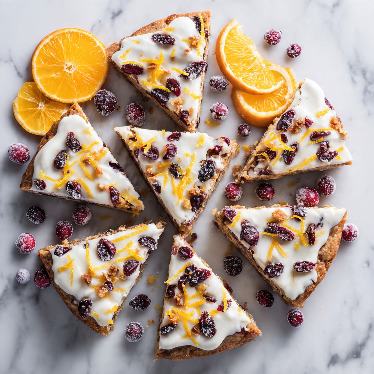 A woman's hand holds a triangular bar with two layers: the bottom layer is a light brown, soft textured bar with visible pieces of white chocolate and dark cranberries; the top layer is white cream, smooth and thick, decorated with small dark red dried cranberries and small bits of orange peel. In the background, similar triangular bars with the same two layers lie flat on a white marbled surface, along with a small white bowl filled with dried cranberries and a few orange wedges. The whole scene is bright and clean. photo taken with an iphone --ar 4:5 --v 7
