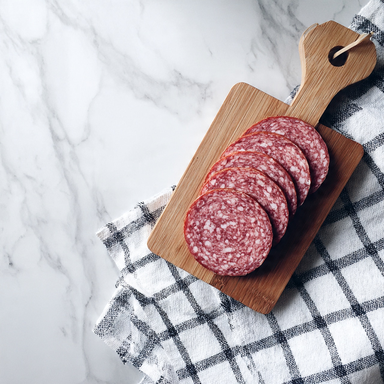 The image shows a wooden board on a white marbled surface with three neat rows of thinly sliced salami. Each slice is round and red with white fat spots scattered throughout, overlapping slightly in each row. On the right side of the board, there is a red and white checkered cloth placed casually. Photo taken with an iphone --ar 4:5 --v 7