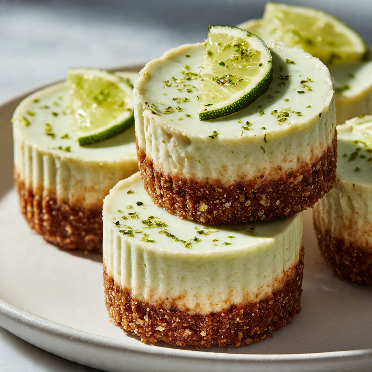 The image shows small round mini cheesecakes stacked on a white plate with a white marbled surface in the background. Each cheesecake has two layers: the bottom layer is rough and crumbly with a brown nutty texture, while the top layer is smooth and light green with ridges along the side. The top layer is decorated with small green specks and a piece of lime wedge placed on top. The cheesecakes are arranged closely together, with two stacked on each other in the foreground. photo taken with an iphone --ar 4:5 --v 7