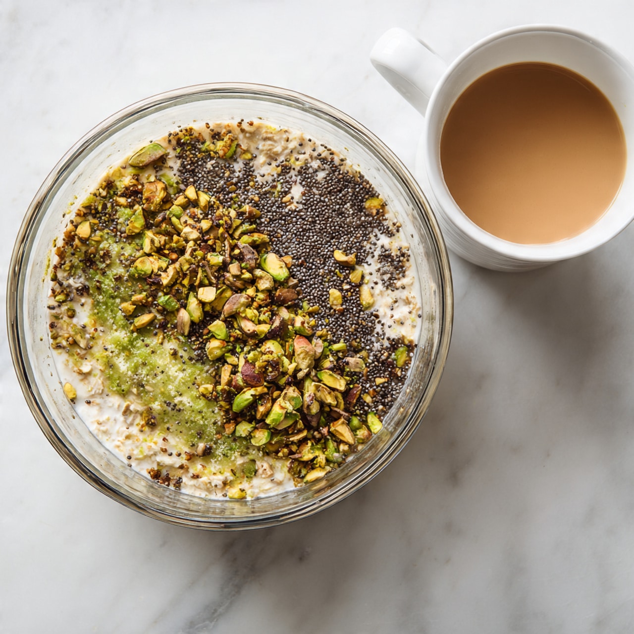 The image shows a clear glass bowl on a white marbled surface, filled with three visible layers. The bottom layer is light brown and smooth, likely a creamy base, topped by a half layer of bright green chunky paste on the right side and a half layer of small black chia seeds in the middle. The top left section has a generous pile of chopped green pistachio nuts, creating a textured appearance. To the top right, there is a partial view of a white cup filled with light brown liquid. The scene is bright and clear, with natural lighting. Photo taken with an iphone --ar 4:5 --v 7