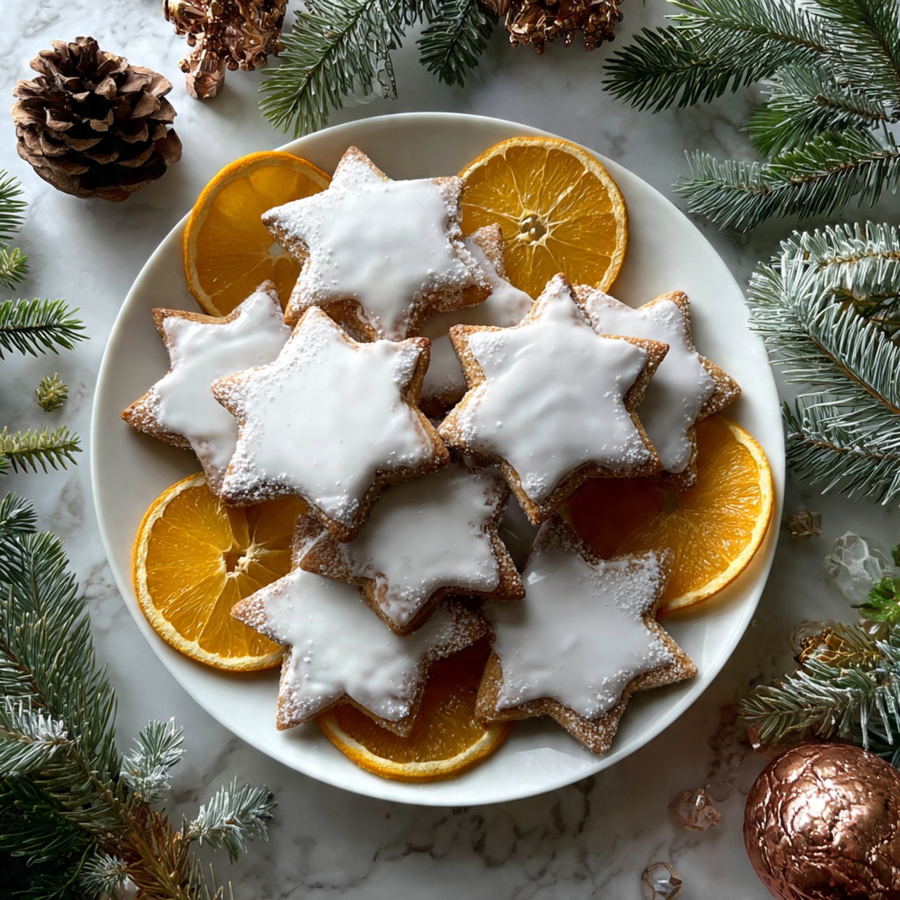 A white plate holds about ten star-shaped cookies with a light brown base and a smooth white glaze on top, each decorated with tiny dark spice bits and one or two small coffee beans. On top of the cookies, two thin, round orange slices are placed for garnish. The plate sits on a dark surface surrounded by frosty green pine branches, pine cones, a glowing candle in a textured holder, and shimmering golden leaves, creating a warm and festive atmosphere. Photo taken with an iphone --ar 4:5 --v 7