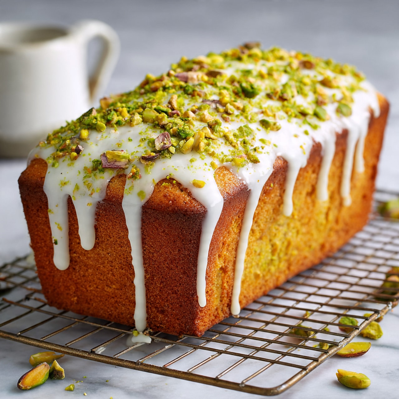 The image shows a rectangular loaf cake with a brown base layer. On top, there is a thick white icing layer that drips slightly down the sides. The top of the icing is covered evenly with crushed green pistachio nuts, adding texture and color contrast. The cake is resting on a metal cooling rack with a white marbled surface underneath, and there are some pistachio pieces scattered around. Photo taken with an iphone --ar 4:5 --v 7