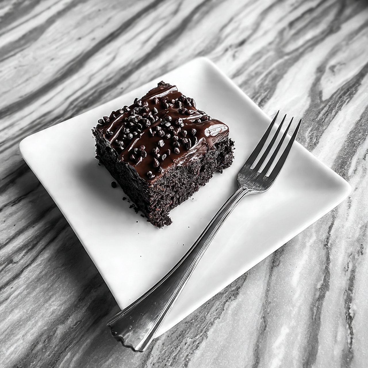 Eight thick square pieces of dark brown chocolate cake sit on a white rectangular plate. Each piece has one layer of moist chocolate cake topped with a shiny, smooth layer of dark chocolate glaze that drips slightly over the edges. Small bits of chocolate or nuts are sprinkled on top of the glaze, adding texture. The plate is placed on a white marbled surface, with a blurred background that includes a small part of another chocolate dessert and some yellow flowers. Photo taken with an iphone --ar 4:5 --v 7
