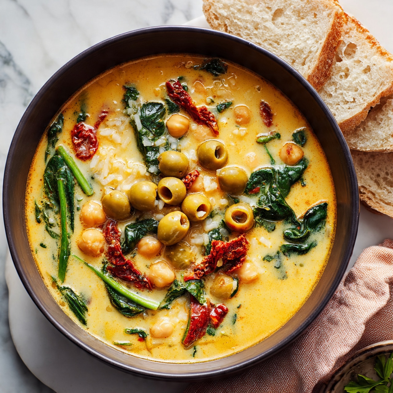 A dark bowl filled with creamy orange soup showing many ingredients like round green olive slices scattered on top, white rice pieces, green spinach leaves, small round chickpeas, and bits of red sun-dried tomatoes spread evenly in the soup. The bowl is on a white marbled surface next to three pieces of light beige bread with a rough texture. There is a folded soft pink cloth beside the bowl and some fresh green herbs on the surface near the bottom right corner. photo taken with an iphone --ar 4:5 --v 7