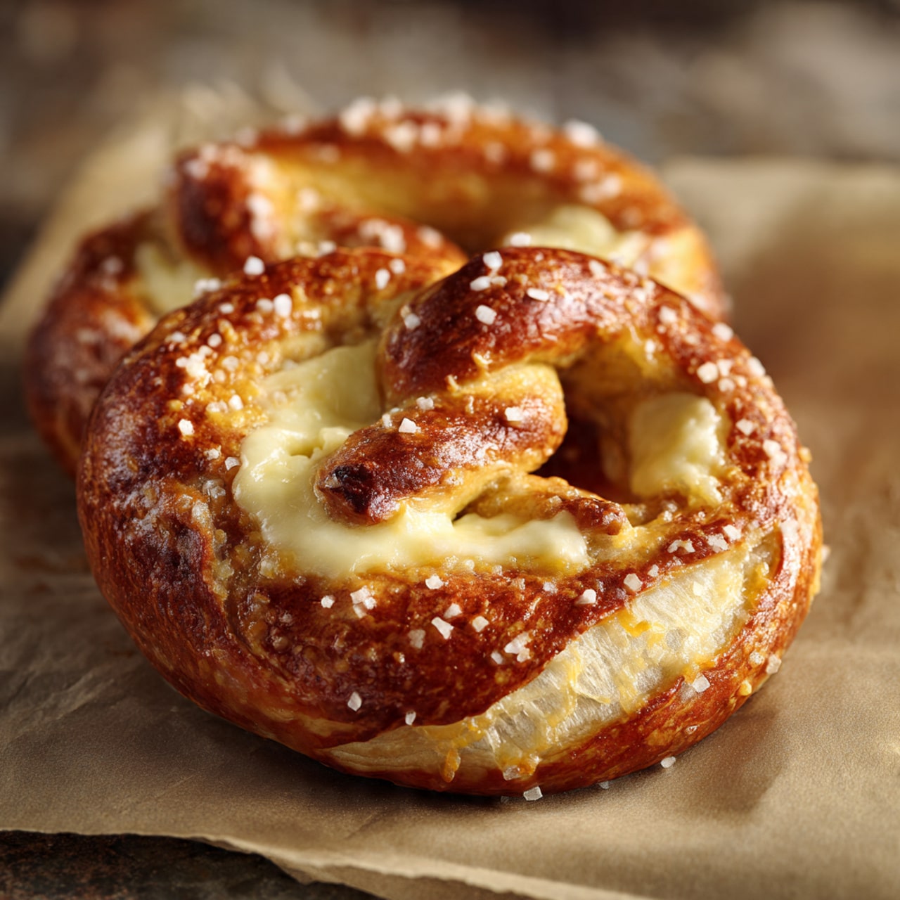 The image shows a close-up of three golden brown soft pretzels stacked on a white marbled textured surface with a black tray underneath. Each pretzel is thick with a glossy finish, sprinkled with coarse white salt grains on top. The pretzels have a well-defined twisted shape, with areas of darker browning adding texture. A small white cup with a dark liquid or melted butter is placed near the pretzels on the right side. The scene is warm and inviting, focused tightly on the pretzels’ texture and color. photo taken with an iphone --ar 4:5 --v 7
