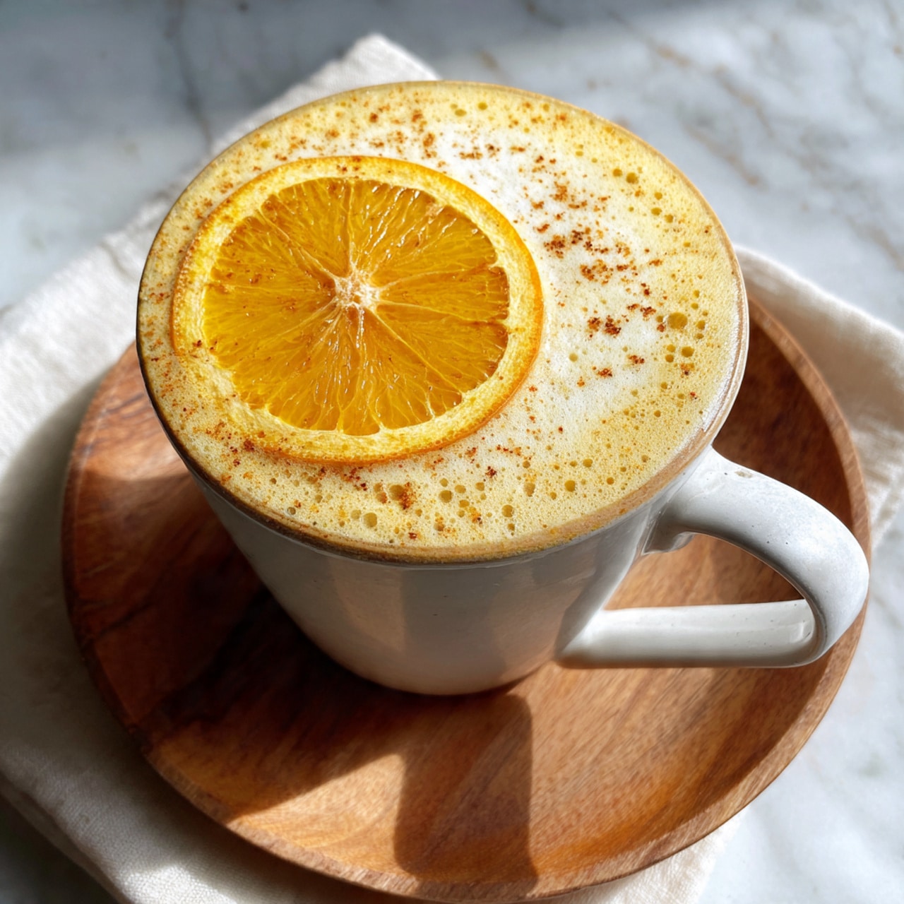 A tall white cup filled with a frothy light brown drink, topped with a thick layer of white foam. On the foam, there is a round, thin orange slice resting on the edge of the cup. The cup sits on a light wooden round board, placed on a background with a white marbled texture. Another similar cup is partly visible behind the first cup. photo taken with an iphone --ar 4:5 --v 7