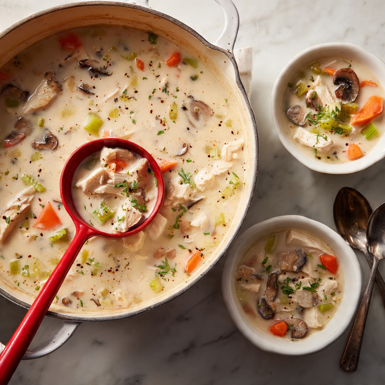 A large white pot filled with creamy soup containing chunky pieces of light brown meat, orange carrot slices, light green celery, and small bits of mushrooms and herbs evenly mixed throughout; a red ladle scoops a portion showing all these layers clearly. Next to the pot, two white bowls hold servings of the same soup, revealing the thick texture and visible vegetable pieces. Two shiny silver spoons lie beside the bowls on a white marbled surface. The overall scene is cozy and inviting, with a focus on the rich, colorful soup photo taken with an iphone --ar 4:5 --v 7