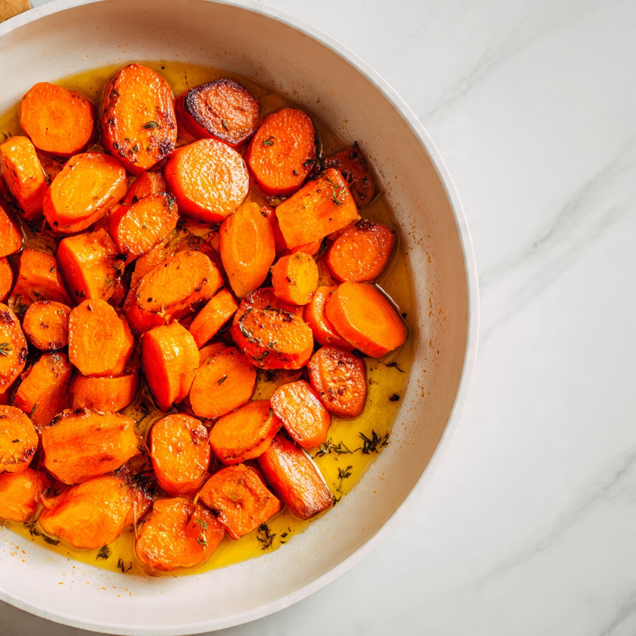The image shows a white pan filled with cooked carrot pieces. The carrots are cut into small rounds and cubes. They have a deep orange color with some brown, crispy spots showing they are cooked well. The pan has some browned bits and oil stains around the carrots, giving it a rustic look. The background is a white marbled texture. photo taken with an iphone --ar 4:5 --v 7