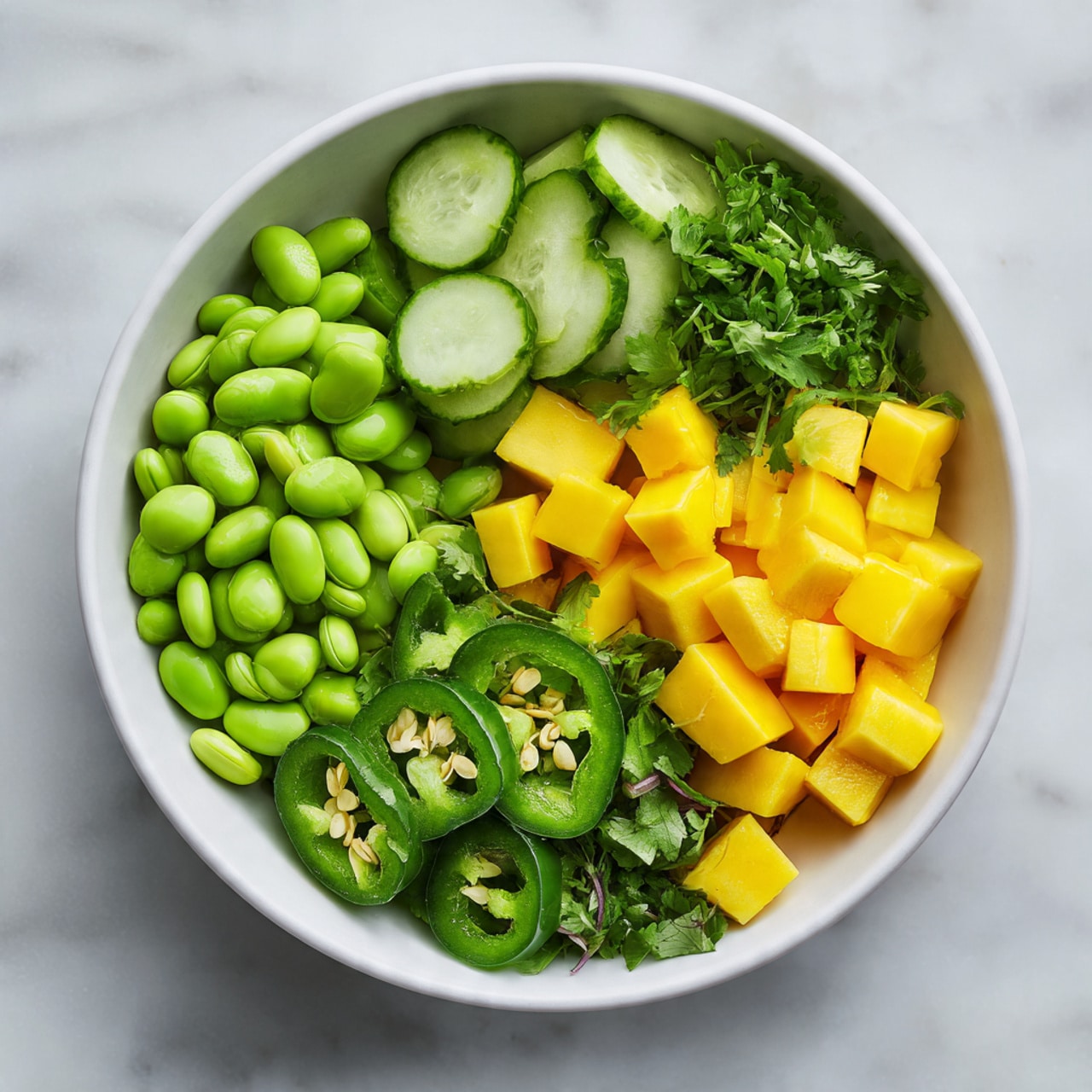 A white bowl on a white marbled surface holds four neat sections of fresh ingredients. In the top left, bright green edamame beans are clustered together in a smooth mound. To the top right, chunks of dark green cucumbers with shiny skin fill the space. The bottom right section shows vibrant yellow mango cubes, smooth and glossy. The bottom left area contains finely chopped green jalapeños. In the center, some mixed green herbs add a textured focal point. The lighting is natural and soft, enhancing the fresh colors. Photo taken with an iphone --ar 4:5 --v 7