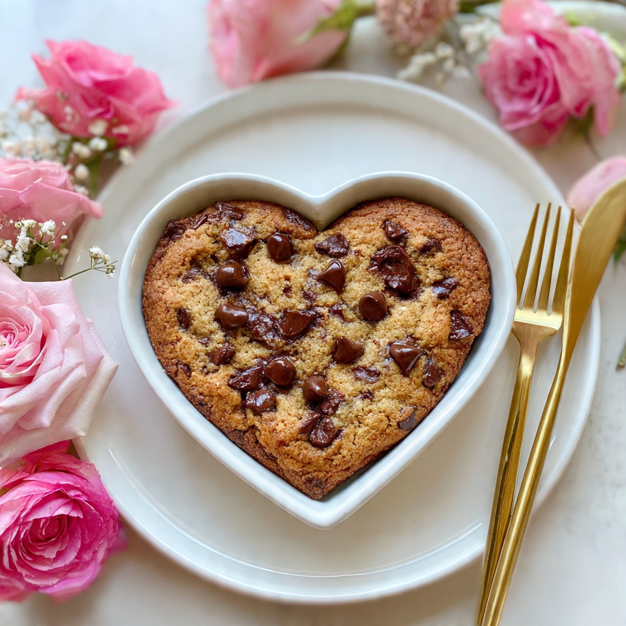 A heart-shaped cookie baked in a white ceramic dish sits on a white plate, with the cookie having a golden-brown color and melted dark chocolate chips spread all over its surface, some chips slightly glossy and soft. The cookie edges look crispy while the inside is soft and slightly cracked, showing a textured mixture of dough and chocolate chips. The setting is on a white marbled surface with a white cloth beneath the plate. There are bright pink roses to the left and right of the cookie, adding a touch of color. Two gold forks are placed on the surface near the bottom left and right edges of the image. Photo taken with an iphone --ar 4:5 --v 7