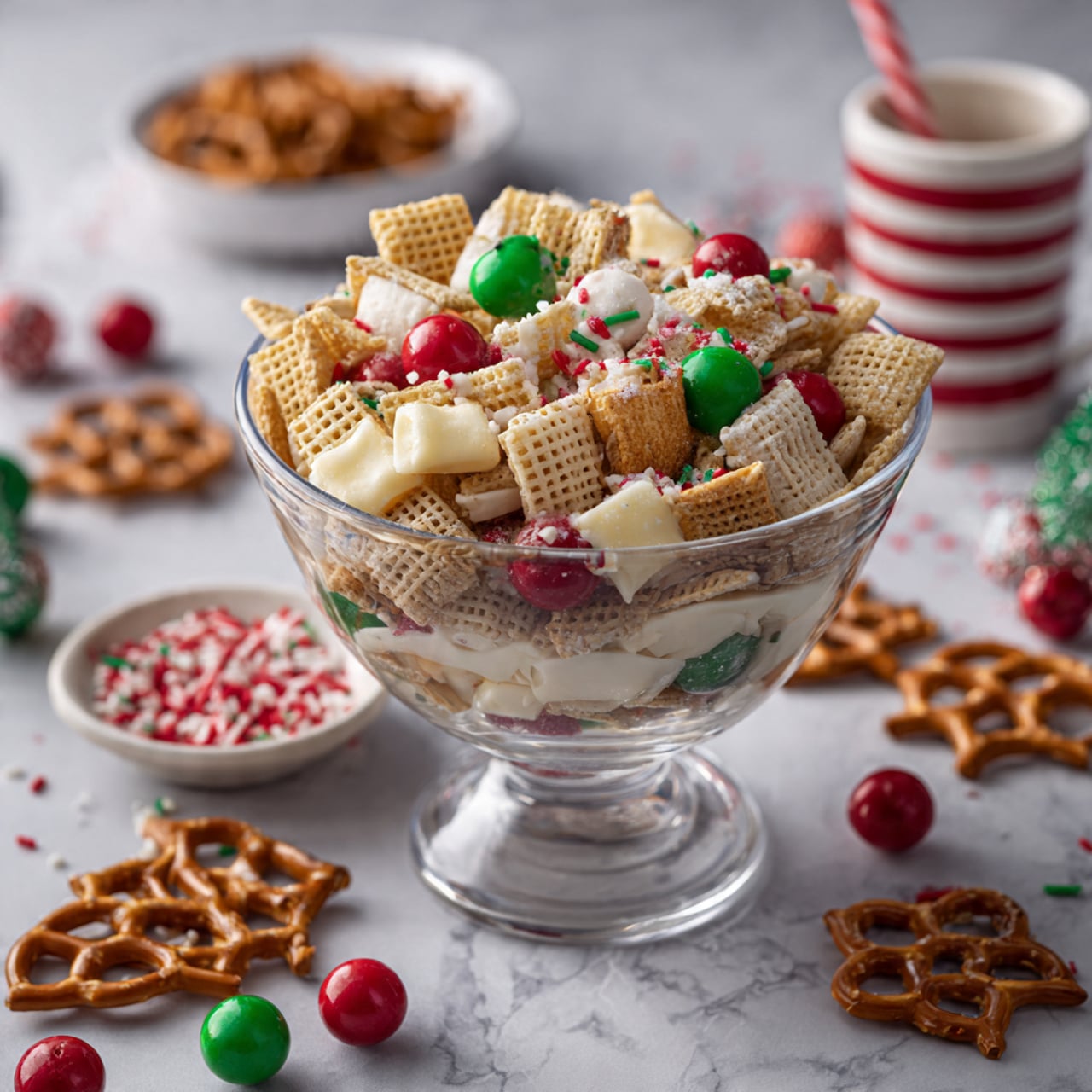 A clear glass bowl filled with a mix of several layers: light yellow square cereal pieces, small pretzels with a brown color, orange cornflakes, red and green candy-coated chocolates, and white creamy coating binding these ingredients together. The mix is sprinkled with small red, green, and white round sprinkles and green tree-shaped sprinkles. The bowl sits on a white marbled surface where some cereal pieces, candies, and sprinkles are scattered around. In the background, there is a small white bowl filled with red, green, and white sprinkles and a tall cup with red and white vertical stripes. photo taken with an iphone --ar 4:5 --v 7
