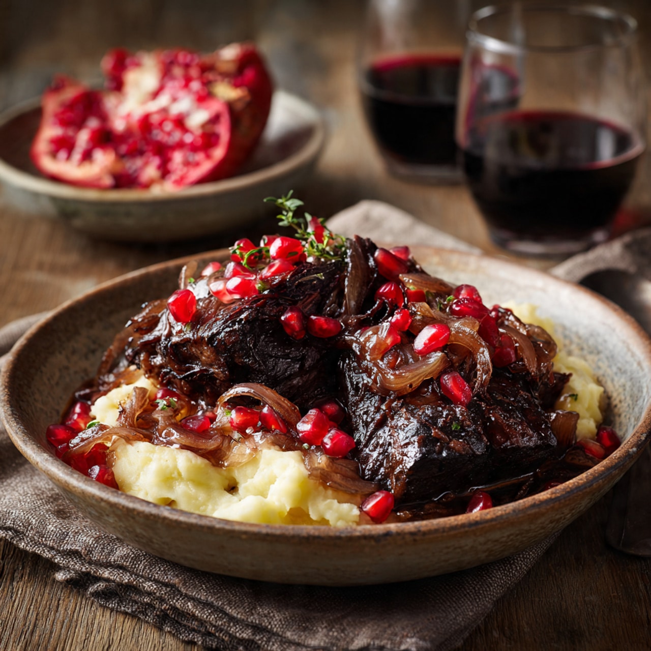 The dish shows a white round plate filled with a thick, creamy layer of pale yellow mashed potatoes spread evenly to cover the whole plate. On top of the mashed potatoes, there are three large, dark brown, seared pieces of meat arranged in the center, each with a slightly crispy texture. Around and on the meat, there are caramelized onions with a glossy light brown color adding shine, and deep red pomegranate seeds scattered, giving a pop of bright red color. A fresh green rosemary sprig is placed on top as garnish. The plate rests on a warm wooden surface, with fresh rosemary sprigs scattered nearby and a glass of dark red wine behind it on the left. A white cloth napkin with fringes is softly folded on the right side. Part of a white bowl filled with more pomegranate seeds is visible on the bottom right corner. The setting is cozy with a white marbled texture under the wooden surface photo taken with an iphone --ar 4:5 --v 7