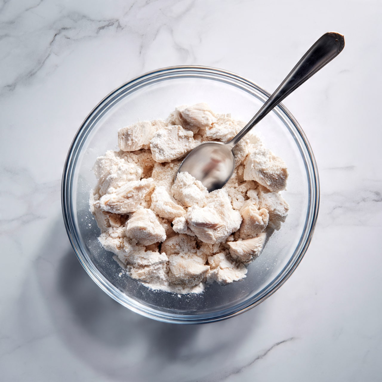 A clear glass bowl sits on a white marbled surface, filled with many pieces of light pink raw chicken coated thickly with white flour powder. A silver spoon rests inside the bowl, partially covered by the chicken pieces. The chicken chunks are irregular in shape, with the flour dust clinging unevenly, giving a rough texture to the surface. Photo taken with an iphone --ar 4:5 --v 7