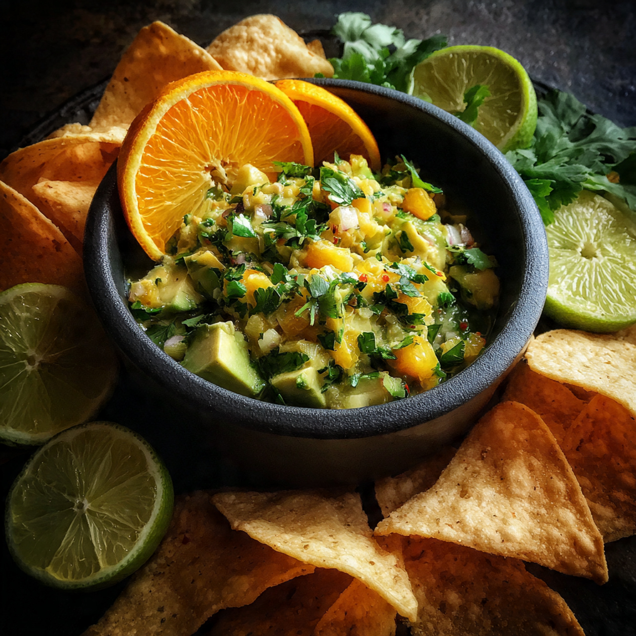 Avocado-Orange Salsa Recipe 5 A bowl filled with a colorful salad showing three main layers of bright orange mandarin slices, cubes of green avocado, and small pieces of purple onion mixed together with chopped green herbs, all sitting in a black bowl on a white marbled surface surrounded by lime halves, orange halves, cilantro leaves, and blue corn tortilla chips. Photo taken with an iphone --ar 4:5 --v 7